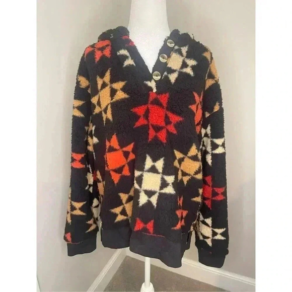 NWT Sonoma Women's Henley Sherpa Hoodie Jacket Multicolor Geometric Size M - Picture 1 of 5